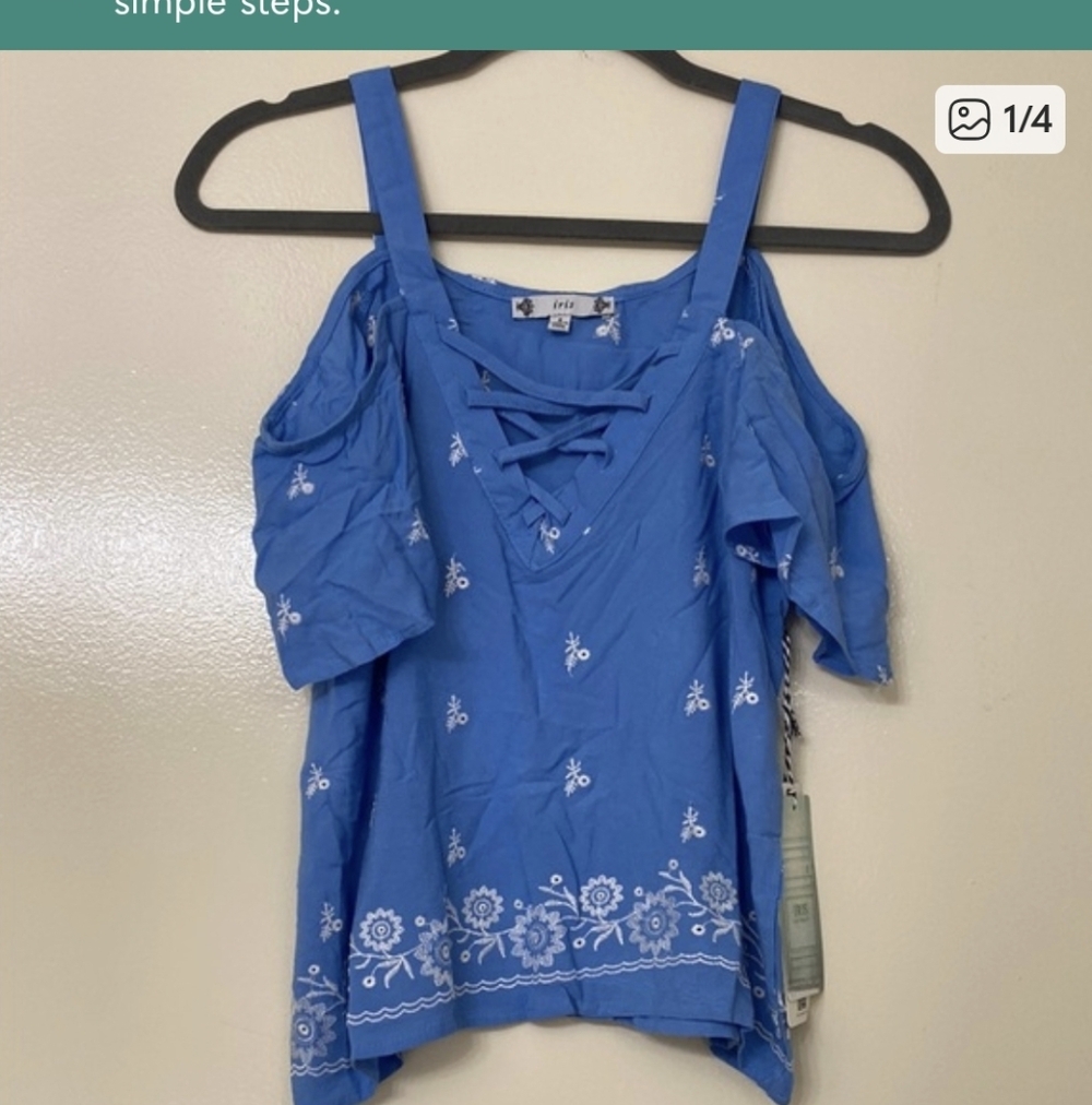 Blue Embroidered Floral Cold Shoulder Blouse - Iris